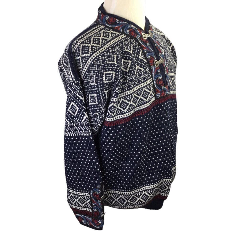 Volund Sweater Nordic Fair Isle Metal Clasp Buttons Size L Norway Lambswool Navy